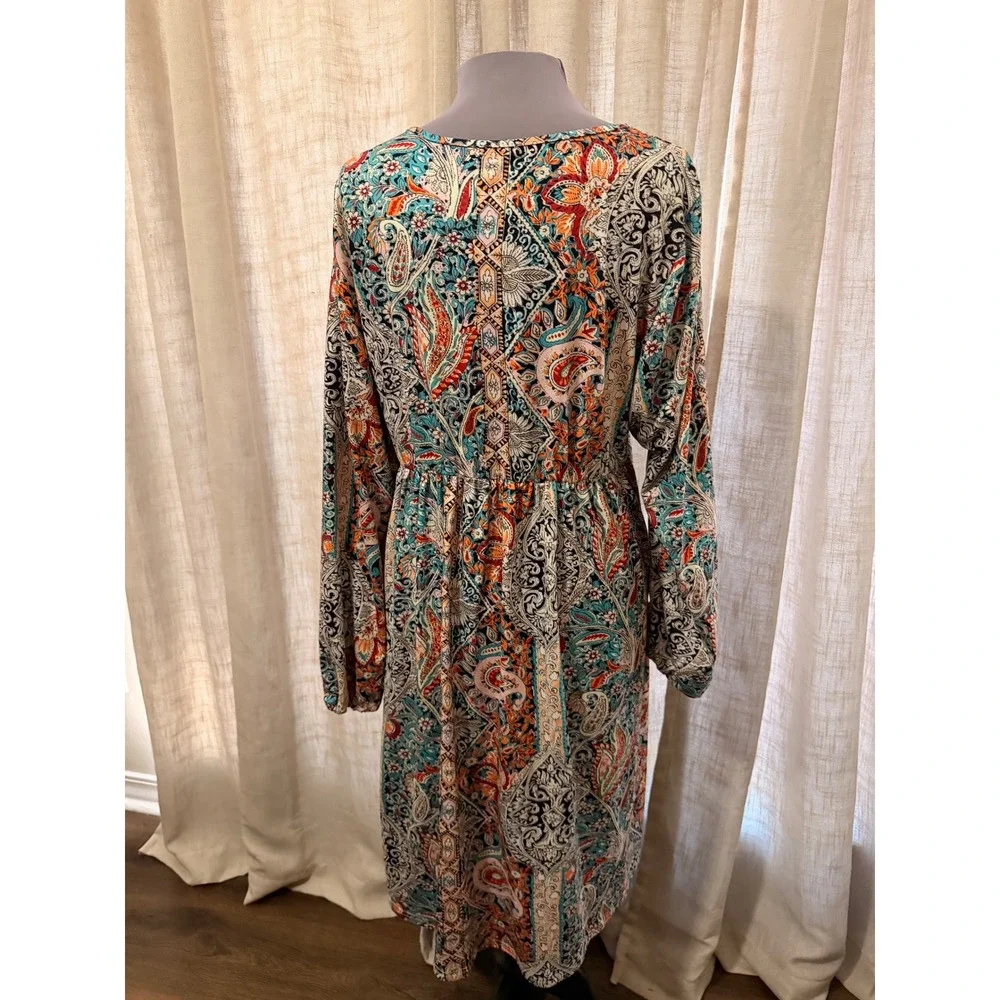 Womens Paisley Print Empire Waist V-Neck Long Sleeve Midi Dress Plus 2XL Boho - Picture 3 of 5